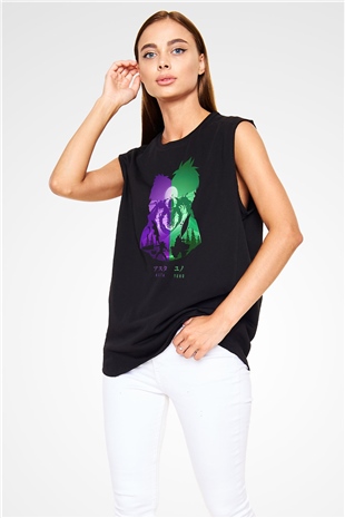 Black Clover Baskılı Unisex Siyah Kolsuz Tişört - Tshirt