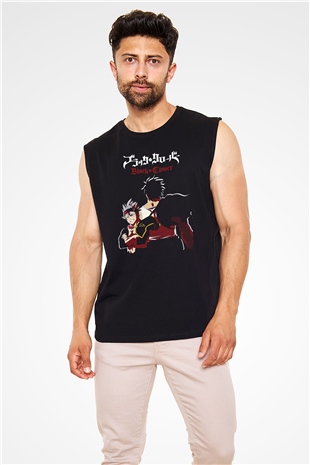 Black Clover Baskılı Unisex Siyah Kolsuz Tişört - Tshirt