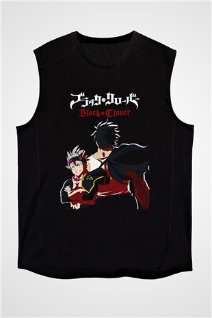 Black Clover Baskılı Unisex Siyah Kolsuz Tişört - Tshirt