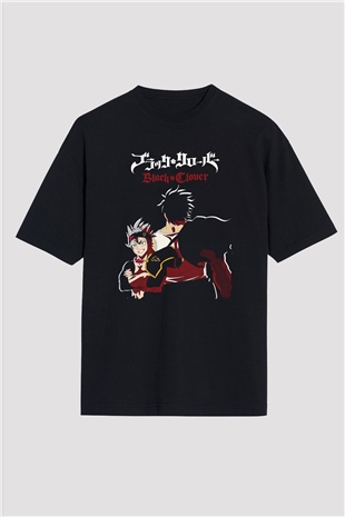 Black Clover Baskılı Unisex Siyah Oversize Tişört - Tshirt