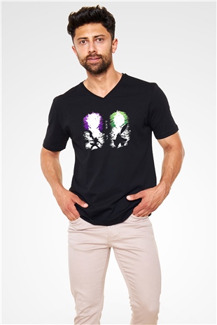 Black Clover Baskılı Unisex Siyah V Yaka Tişört - Tshirt
