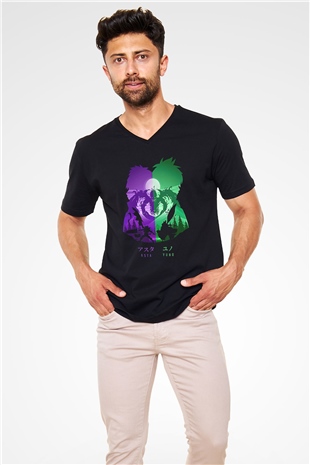 Black Clover Baskılı Unisex Siyah V Yaka Tişört - Tshirt