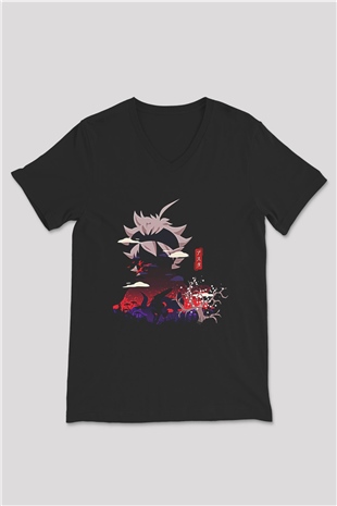 Black Clover Baskılı Unisex Siyah V Yaka Tişört - Tshirt