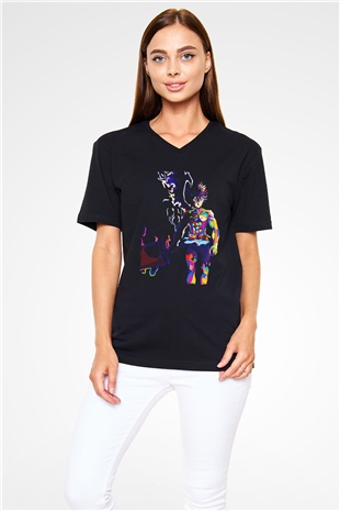 Black Clover Baskılı Unisex Siyah V Yaka Tişört - Tshirt