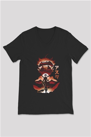 Black Clover Baskılı Unisex Siyah V Yaka Tişört - Tshirt