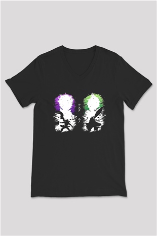 Black Clover Baskılı Unisex Siyah V Yaka Tişört - Tshirt