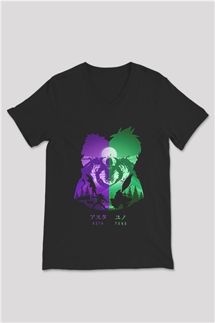 Black Clover Baskılı Unisex Siyah V Yaka Tişört - Tshirt