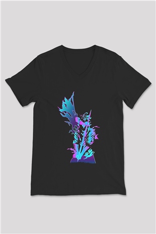 Black Clover Baskılı Unisex Siyah V Yaka Tişört - Tshirt