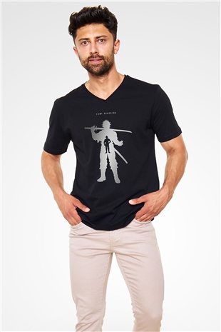 Black Clover Baskılı Unisex Siyah V Yaka Tişört - Tshirt