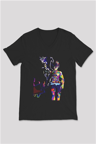 Black Clover Baskılı Unisex Siyah V Yaka Tişört - Tshirt