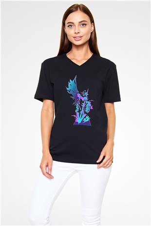 Black Clover Baskılı Unisex Siyah V Yaka Tişört - Tshirt