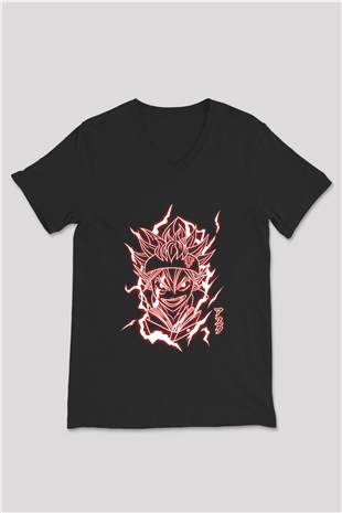 Black Clover Baskılı Unisex Siyah V Yaka Tişört - Tshirt