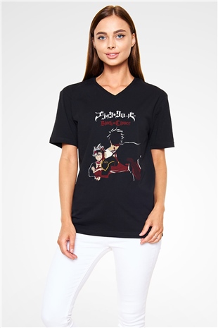 Black Clover Baskılı Unisex Siyah V Yaka Tişört - Tshirt