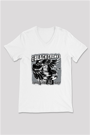 Black Crowes Baskılı Unisex Beyaz V Yaka Tişört
