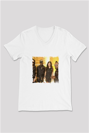 Black Eyed Peas Baskılı Beyaz V Yaka Unisex Tişört