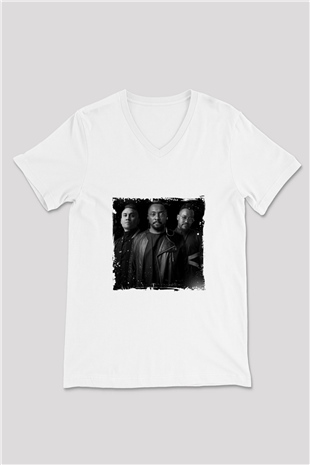 Black Eyed Peas Baskılı Beyaz V Yaka Unisex Tişört