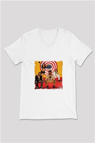 Black Eyed Peas Baskılı Beyaz V Yaka Unisex Tişört