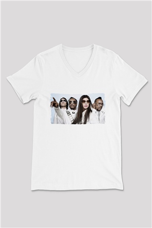 Black Eyed Peas Beyaz Unisex V Yaka Tişört