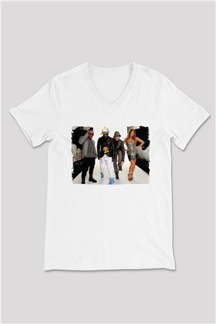 Black Eyed Peas Beyaz Unisex V Yaka Tişört