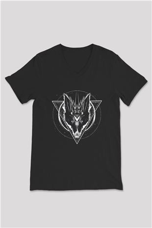 Black Jackal Baskılı Unisex Siyah V Yaka Tişört - Tshirt