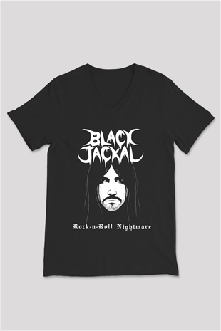 Black Jackal Baskılı Unisex Siyah V Yaka Tişört - Tshirt