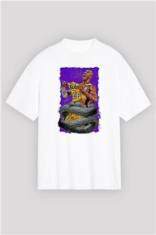 Black Mamba Baskılı Beyaz Unisex Oversize Tişört - Tshirt