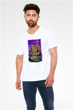 Black Mamba Baskılı Beyaz Unisex V Yaka Tişört - Tshirt
