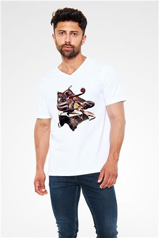 Black Mamba Baskılı Beyaz Unisex V Yaka Tişört - Tshirt