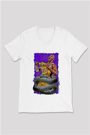 Black Mamba Baskılı Beyaz Unisex V Yaka Tişört - Tshirt