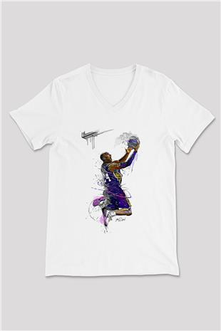 Black Mamba Baskılı Beyaz Unisex V Yaka Tişört - Tshirt