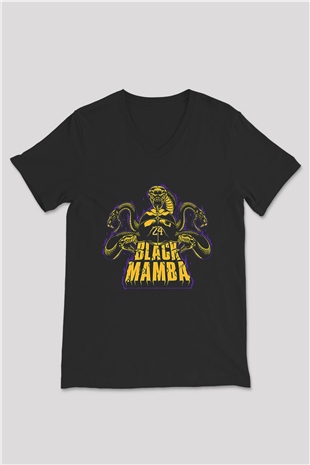 Black Mamba Baskılı Unisex Siyah V Yaka Tişört - Tshirt