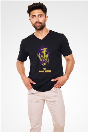 Black Mamba Baskılı Unisex Siyah V Yaka Tişört - Tshirt