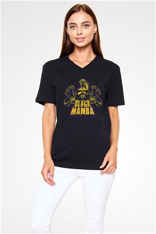 Black Mamba Baskılı Unisex Siyah V Yaka Tişört - Tshirt