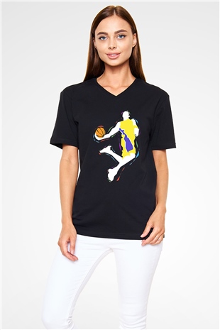 Black Mamba Baskılı Unisex Siyah V Yaka Tişört - Tshirt
