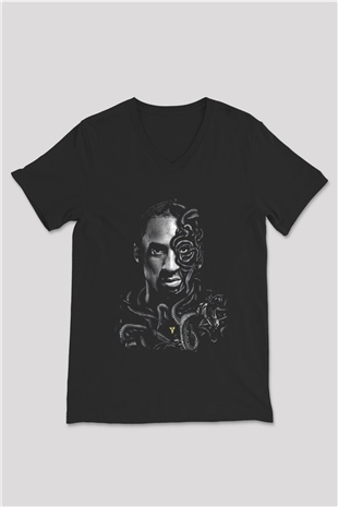 Black Mamba Baskılı Unisex Siyah V Yaka Tişört - Tshirt
