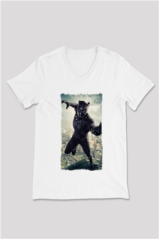 Black Panther Beyaz Unisex V Yaka Tişört