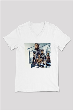 Black Panther Beyaz Unisex V Yaka Tişört
