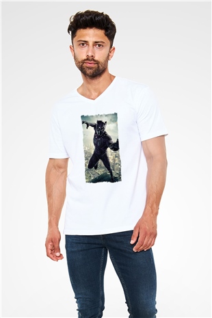 Black Panther Beyaz Unisex V Yaka Tişört