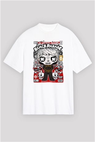 Black Parade Baskılı Unisex Beyaz Oversize Tişört