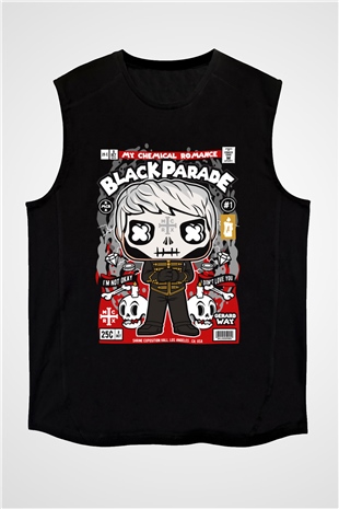 Black Parade Baskılı Unisex Siyah Kolsuz Tişört