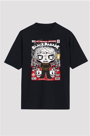 Black Parade Baskılı Unisex Siyah Oversize Tişört