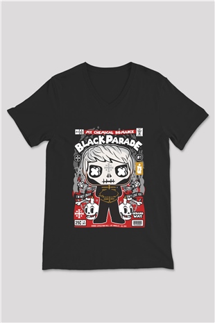 Black Parade Baskılı Unisex Siyah V Yaka Tişört