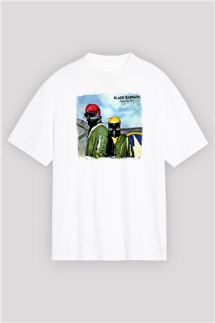 Black Sabbath Baskılı Unisex Beyaz Oversize Tişört