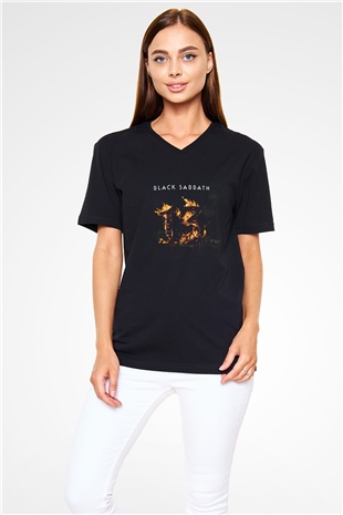 Black Sabbath Baskılı Unisex Siyah V Yaka Tişört