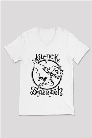 Black Sabbath Beyaz Unisex V Yaka Tişört T-Shirt
