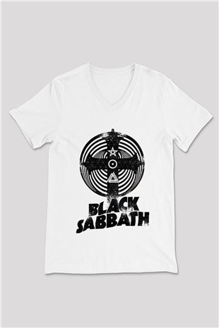 Black Sabbath Beyaz Unisex V Yaka Tişört