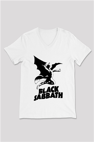 Black Sabbath Beyaz Unisex V Yaka Tişört
