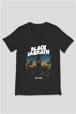 Black Sabbath The End Beyaz Unisex V Yaka Tişört