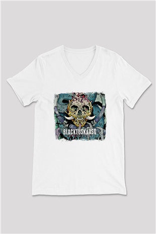 Black Tusk Baskılı Unisex Beyaz V Yaka Tişört