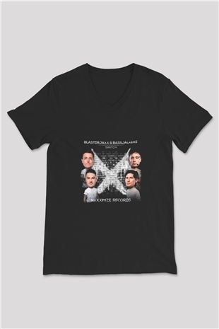 Blasterjaxx Baskılı Unisex Siyah V Yaka Tişört